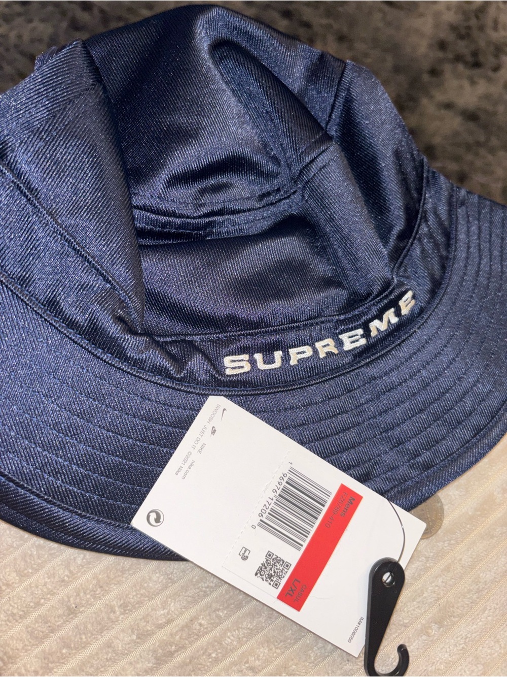 Supreme Navy Bucket Hat with White Logo - Picture 2 of 3